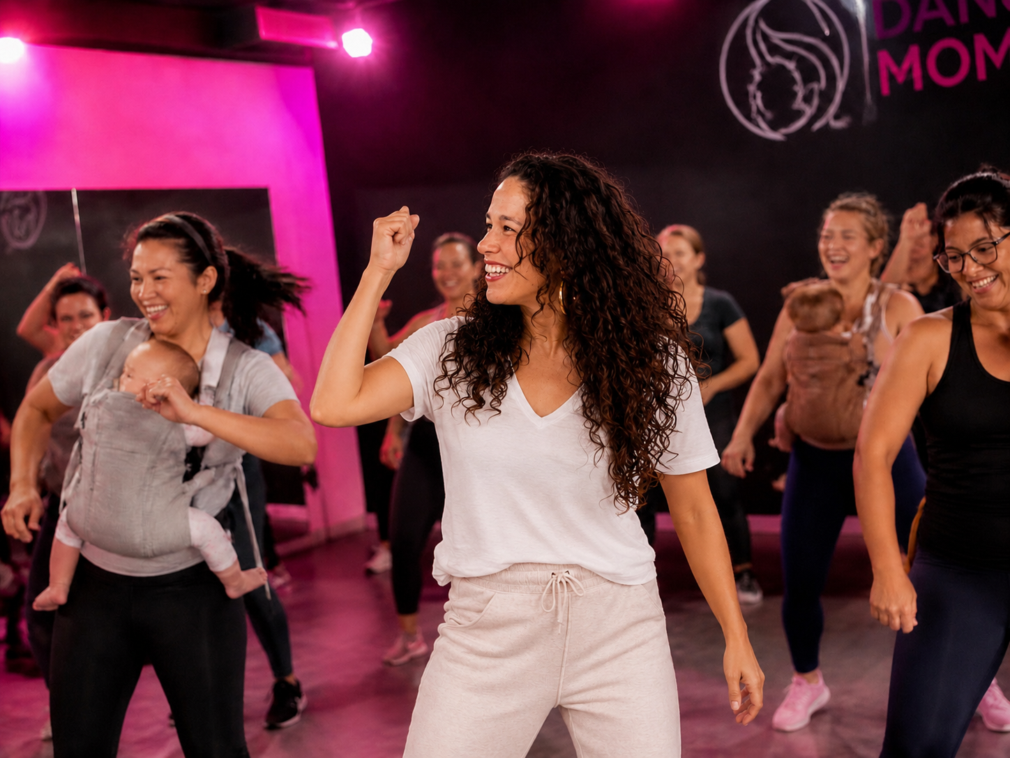 Deb in hot pink cargo pants and a black mesh dance tee, laughing mid-move with her arm up as she leads a Boogie Babies dance class of moms with babies