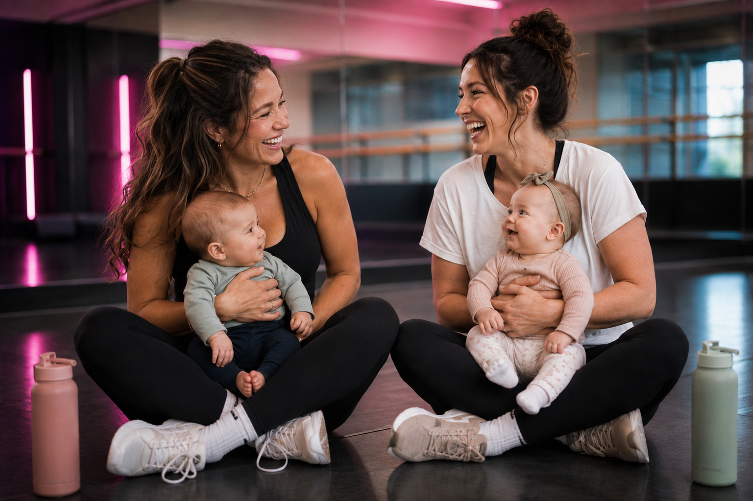 Two moms sitting on the studio floor, laughing with their babies after a Boogie Babies class